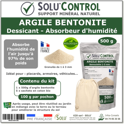 Argile Bentonite Naturelle – Dessiccant / Absorbeur d’Humidité – Solu'Control - 500g + sachet en coton